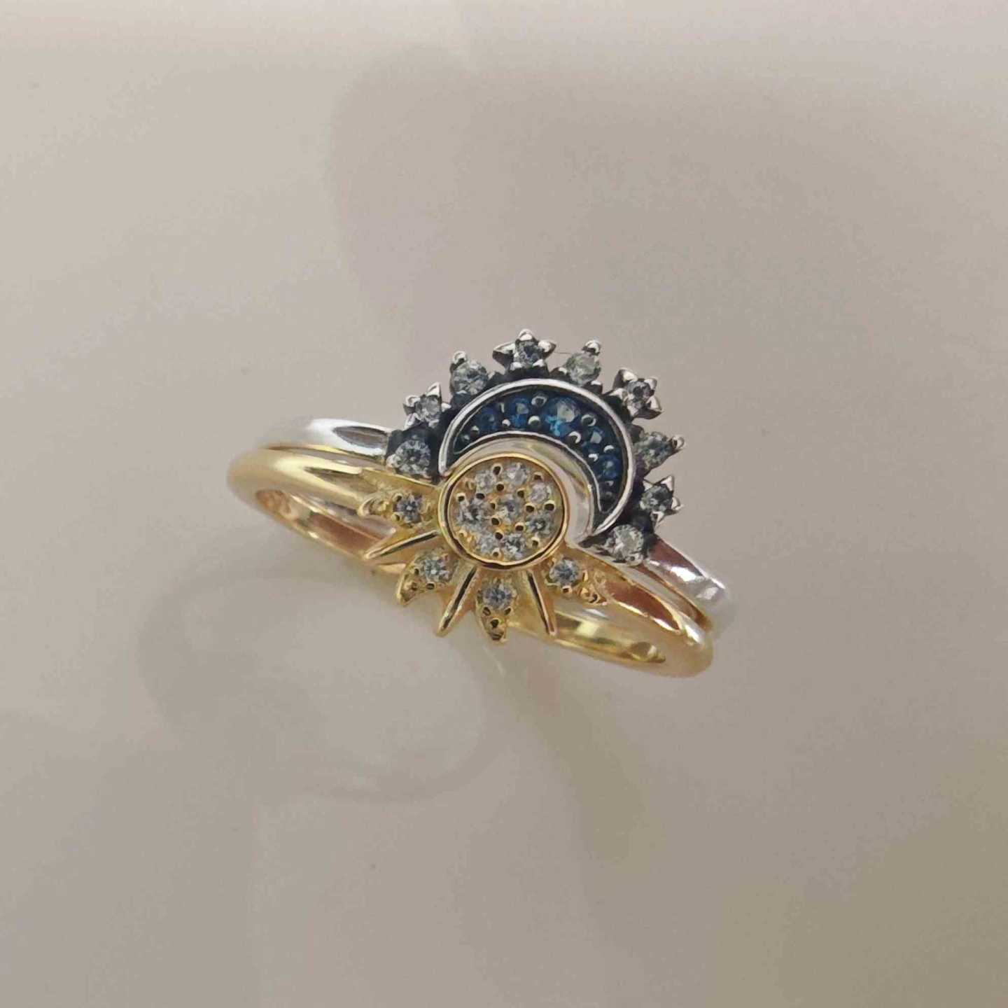Anillo Plata925 Dos Anillos Bicolor Luna y Sol Circones