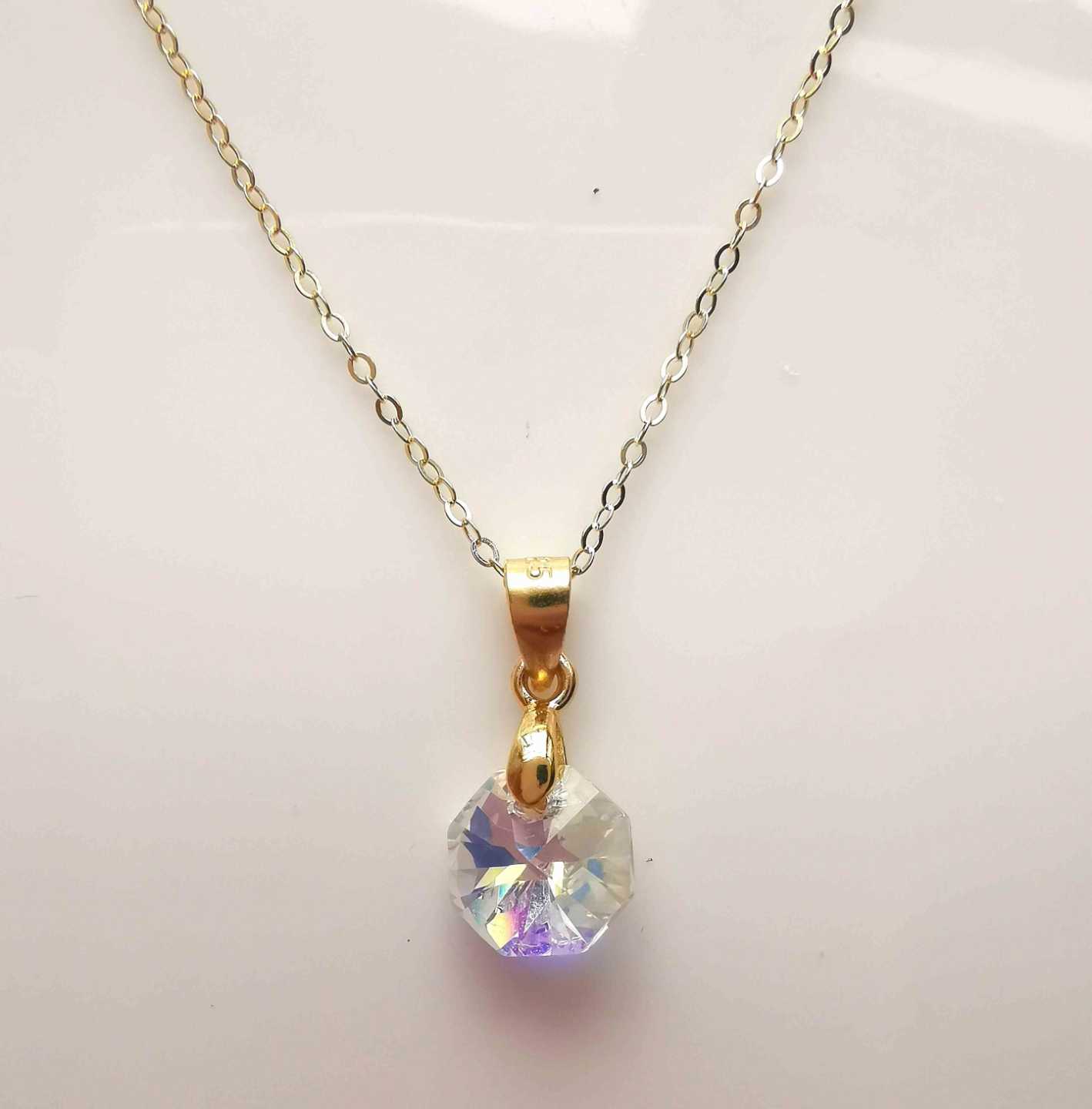 Collar Plata925 Bañado Oro 18k Cristal Hexagono 8mm