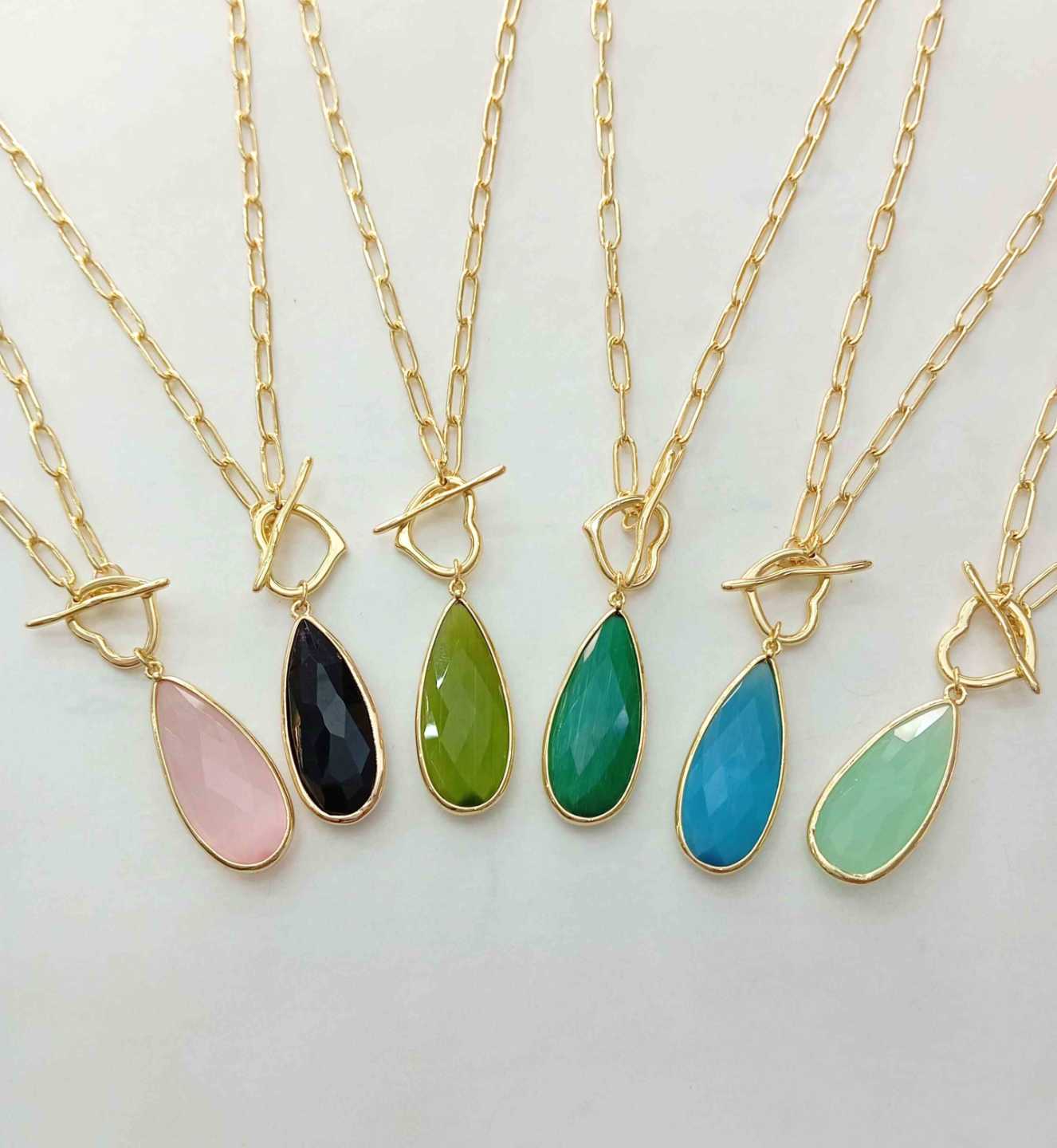 Collar Bañado En Oro Colgante Piedra Natural Gota Grande 45cm