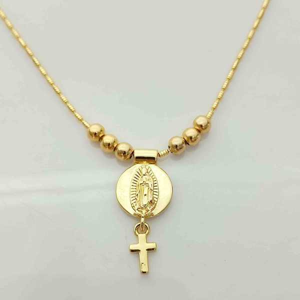 Collar Bañado En Oro Colgante Virgen Guaralupe y Pelotitas Ajustable