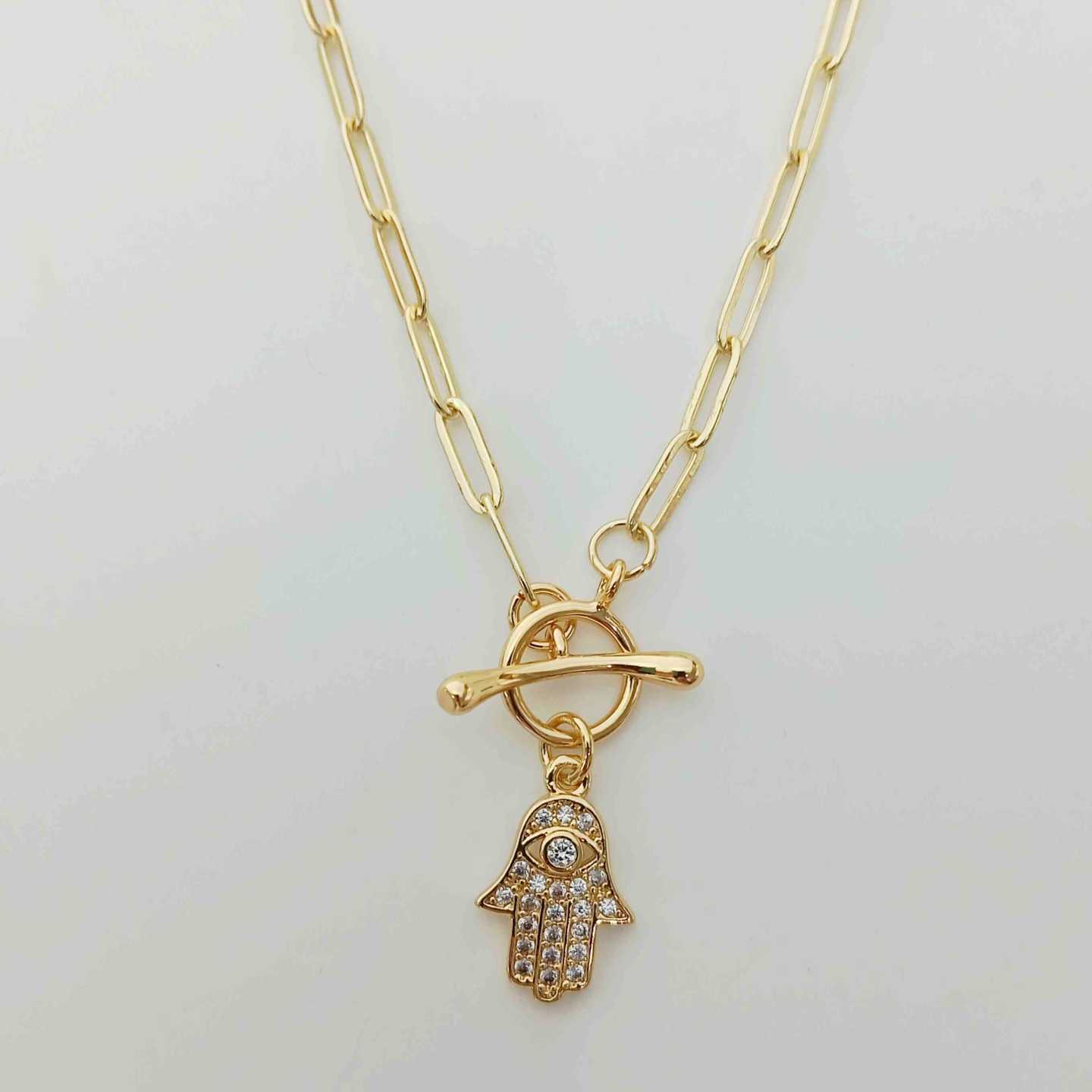 Collar Bañado En Oro Bloche OT Colgante Mano Circones