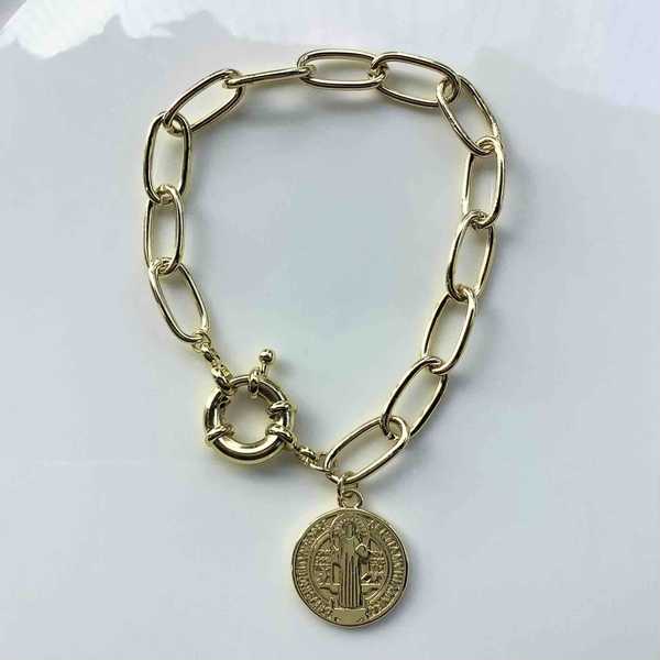 Pulsera Bañado en Oro 18k Eslabon Con San Benito