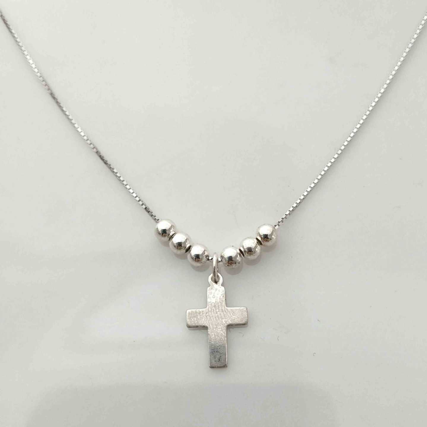 Collar Plata925 Cruz Liso y Pelotitas