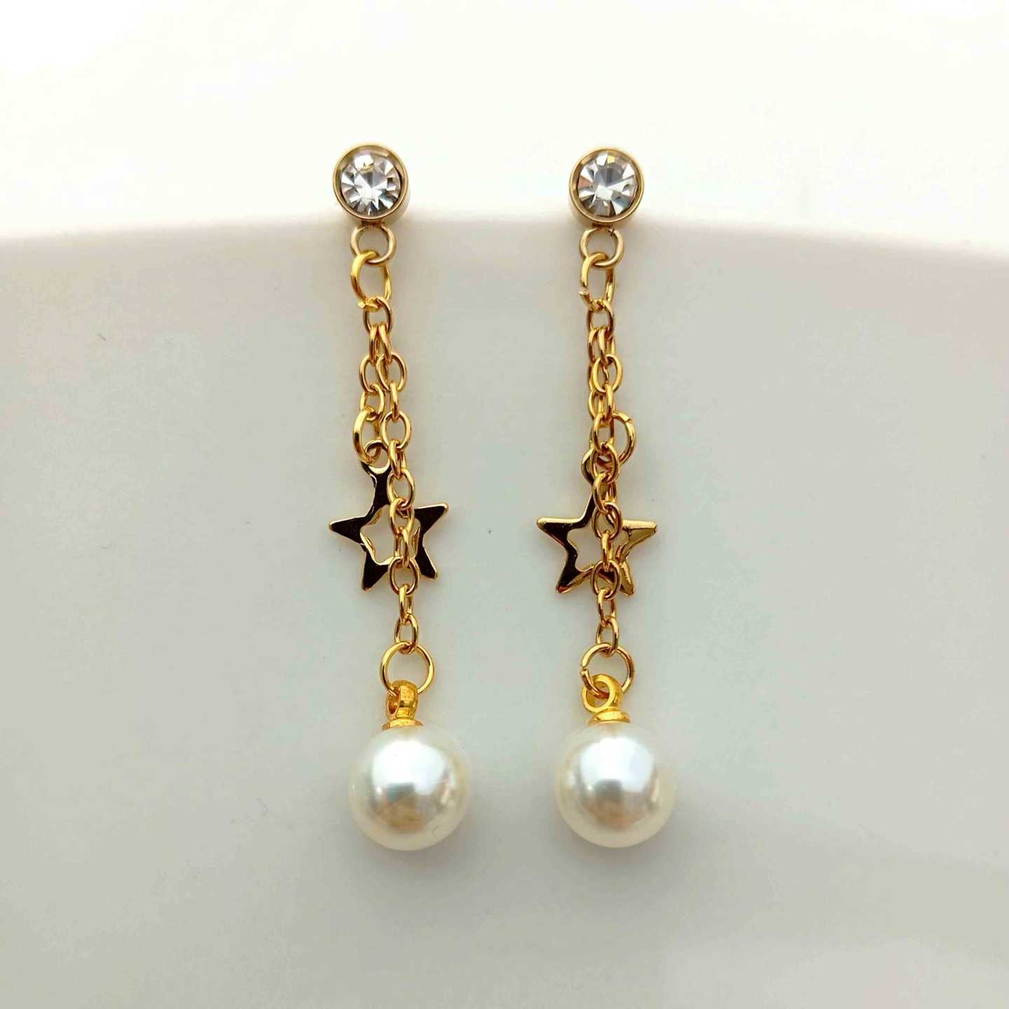 Aro Acero Dorado Colgante Estrella y Perla