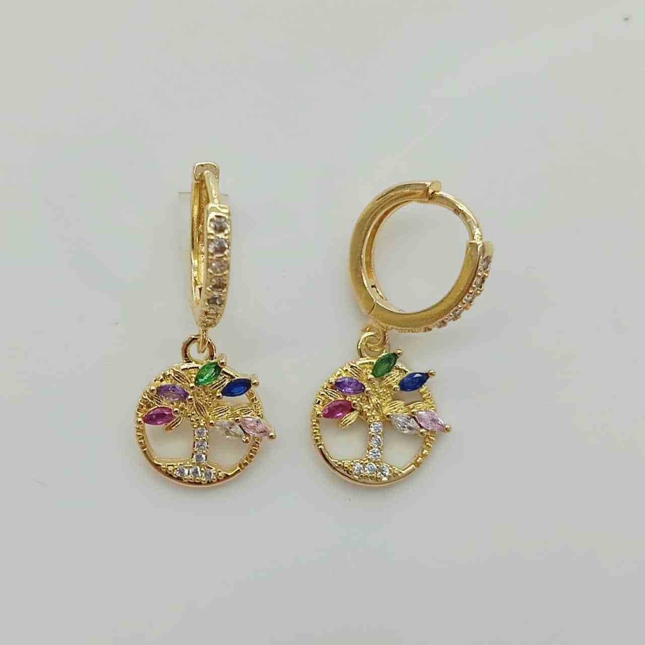 Aro Argolla Bañado en Oro 18k con Colgante Árbol de la Vida y Circones Colores