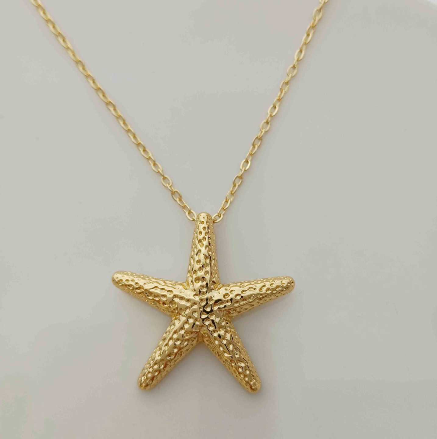 Collar Bañado en Oro 18k Colgante Estrella de Mar Grande Textura 45+5cm