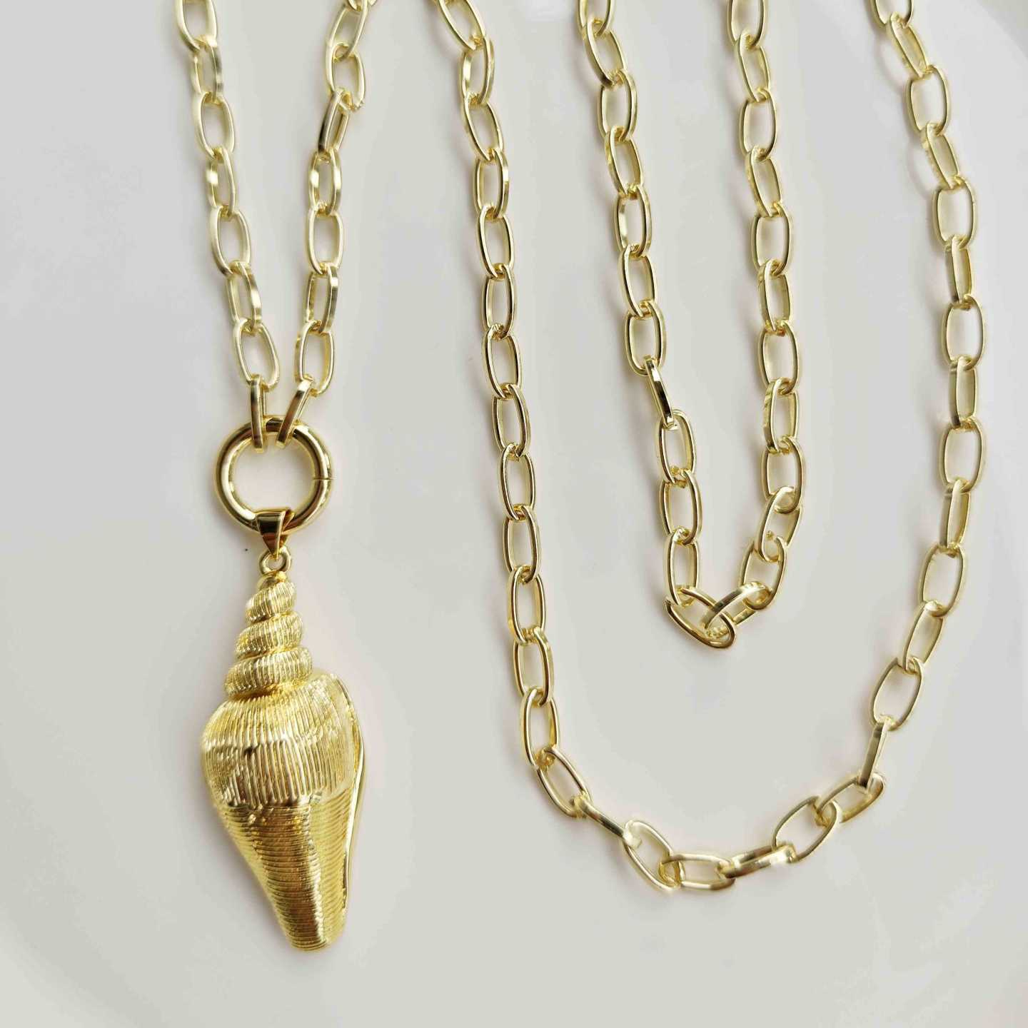 Collar Largo Bañado en Oro 18k Colgante Caracol Cónico Grande Cadena Eslabón Oval 70cm