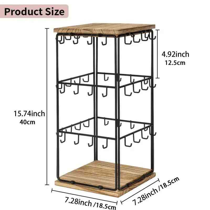 Torre Exhibidora Giratoria Joyería 3 Niveles Metal Negro y Madera 18.5x40cm