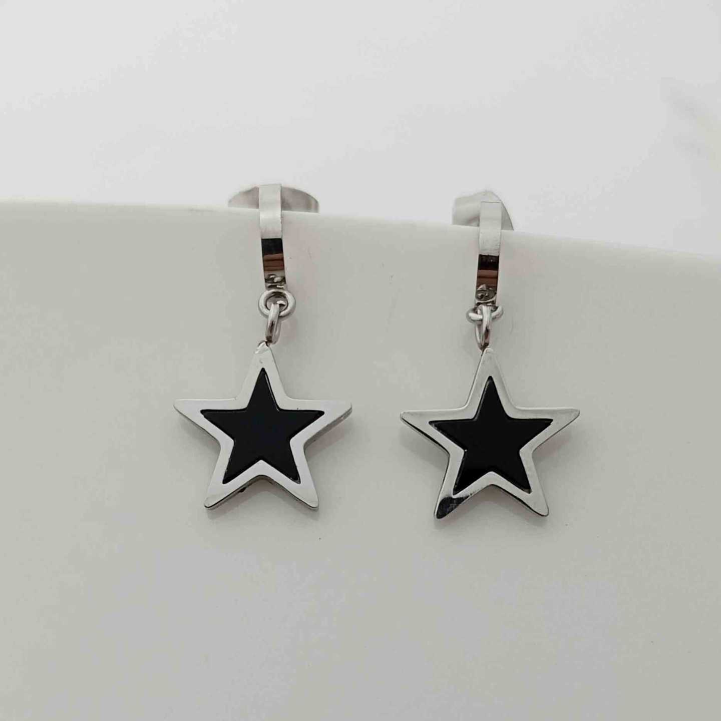 Aro Plateado Medio Argolla Colgante Estrella Negro