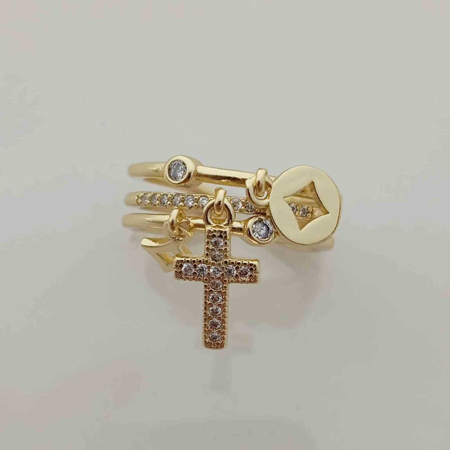 Anillo Bañado en Oro 18k 3 Lineas Cuelgan Cruces Ajustable