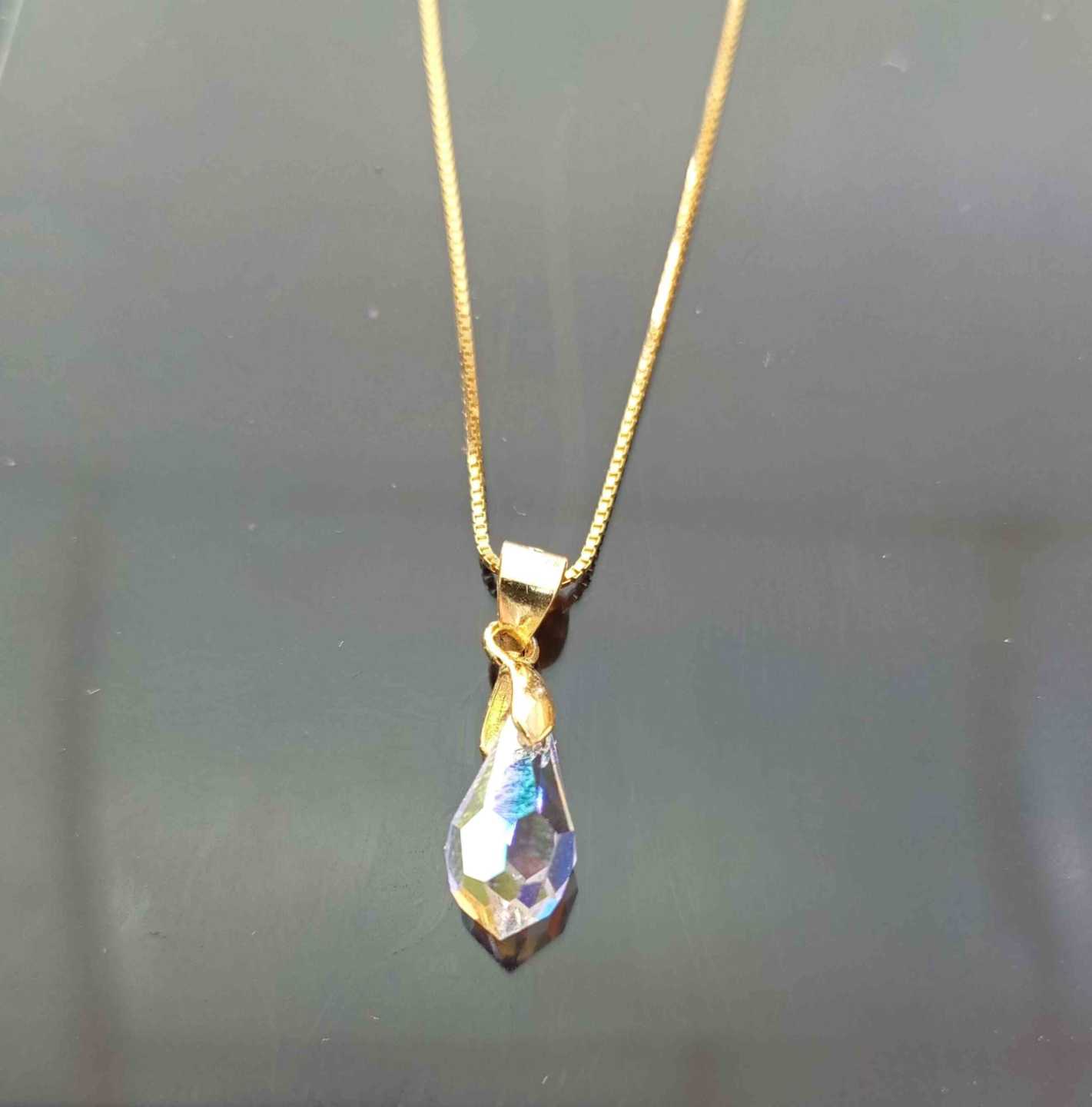 Collar Plata925 Bañado Oro 18k Cristal Gota 11mm Tornasol 45cm