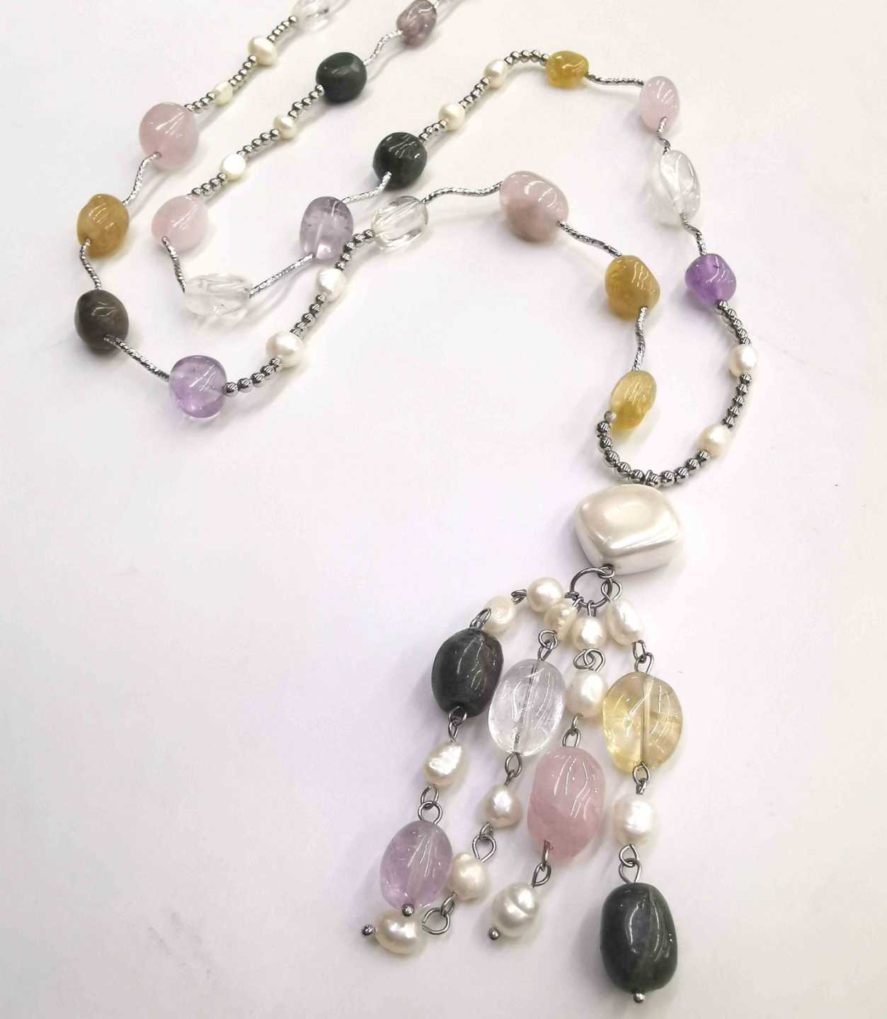 Collar Larga Bañado Plata Piedra Colores y Perla
