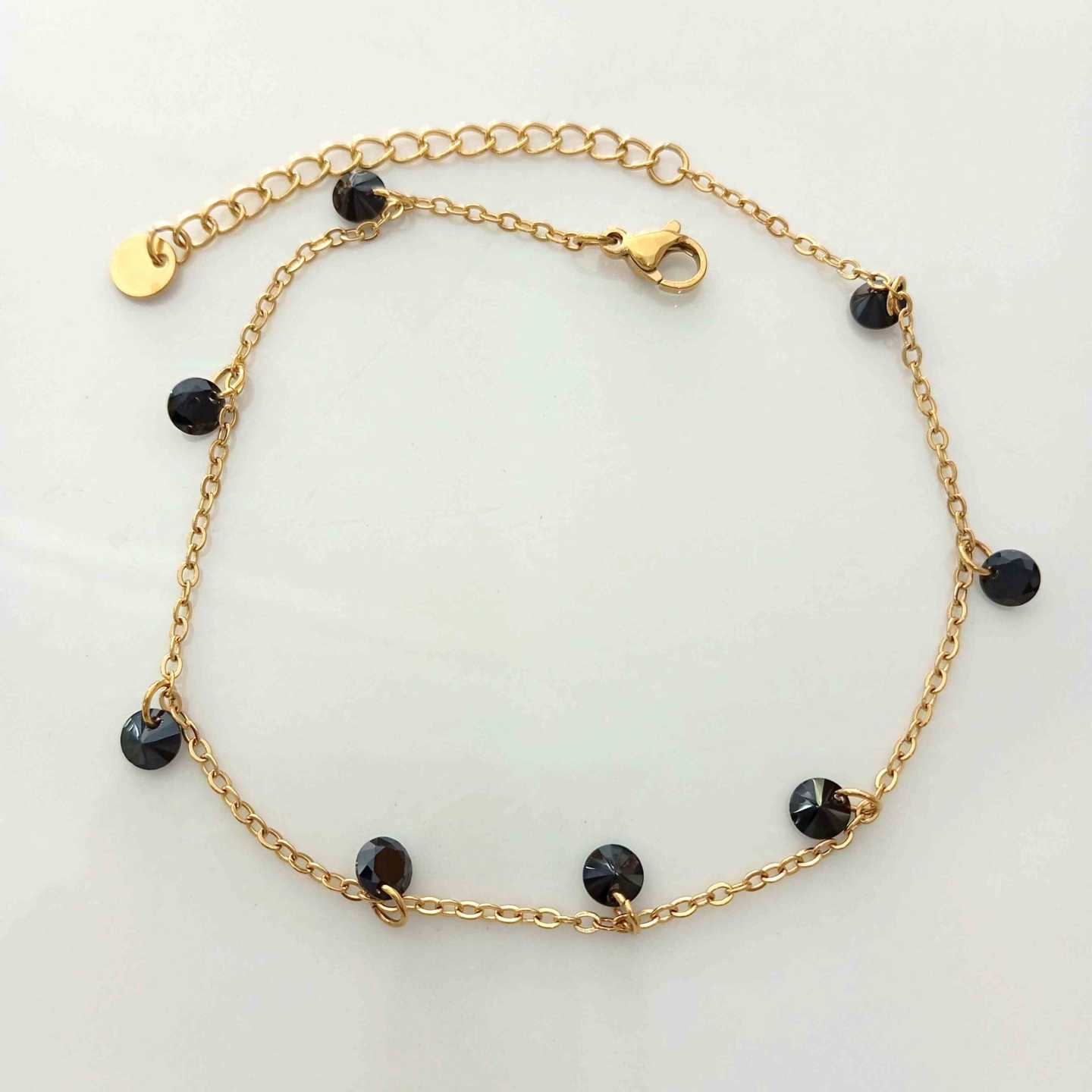 Tobillera Dorado Colgante 8 Cristales Negro