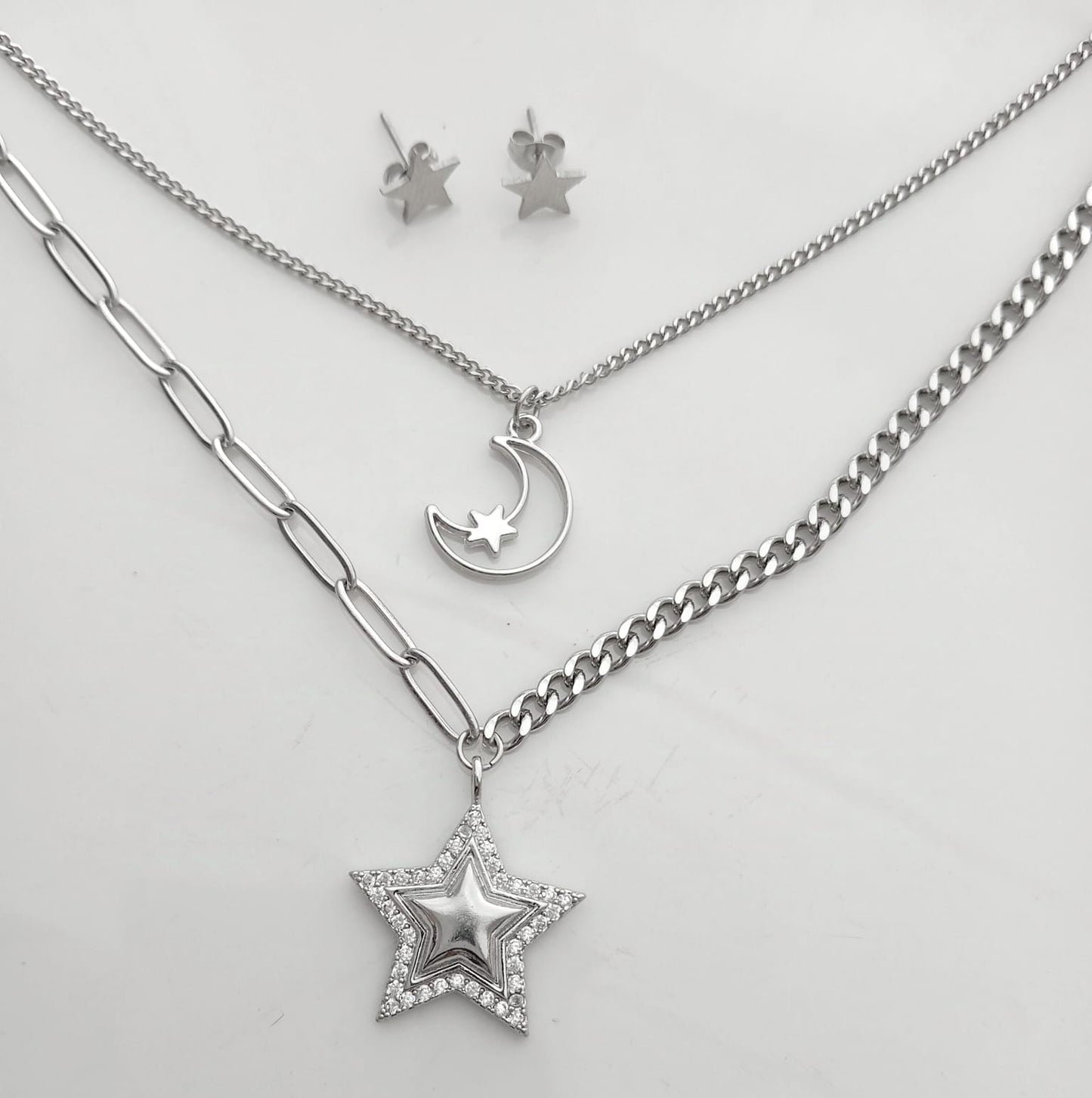 Conjuntos Plateado Doble Colgante Estrella y Luna