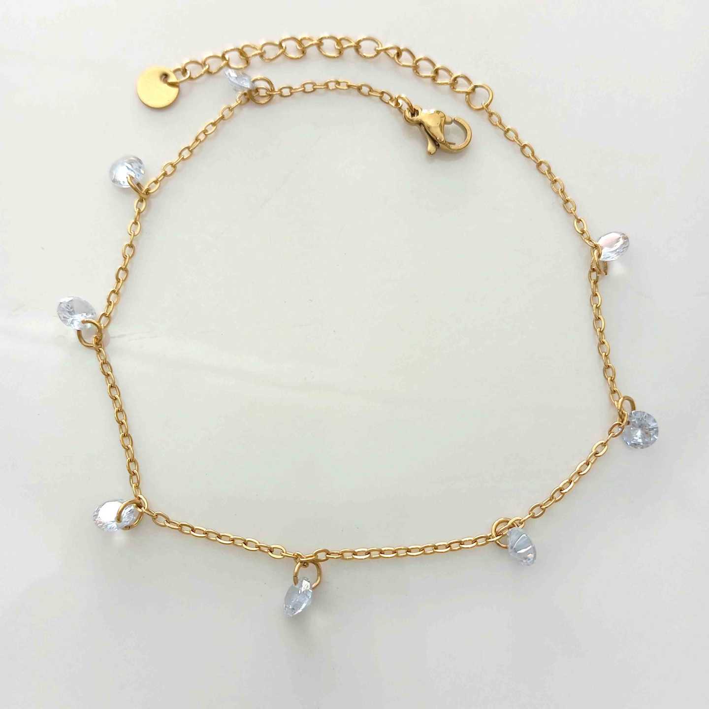 Tobillera Dorado Colgante 8 Cristales Blanco