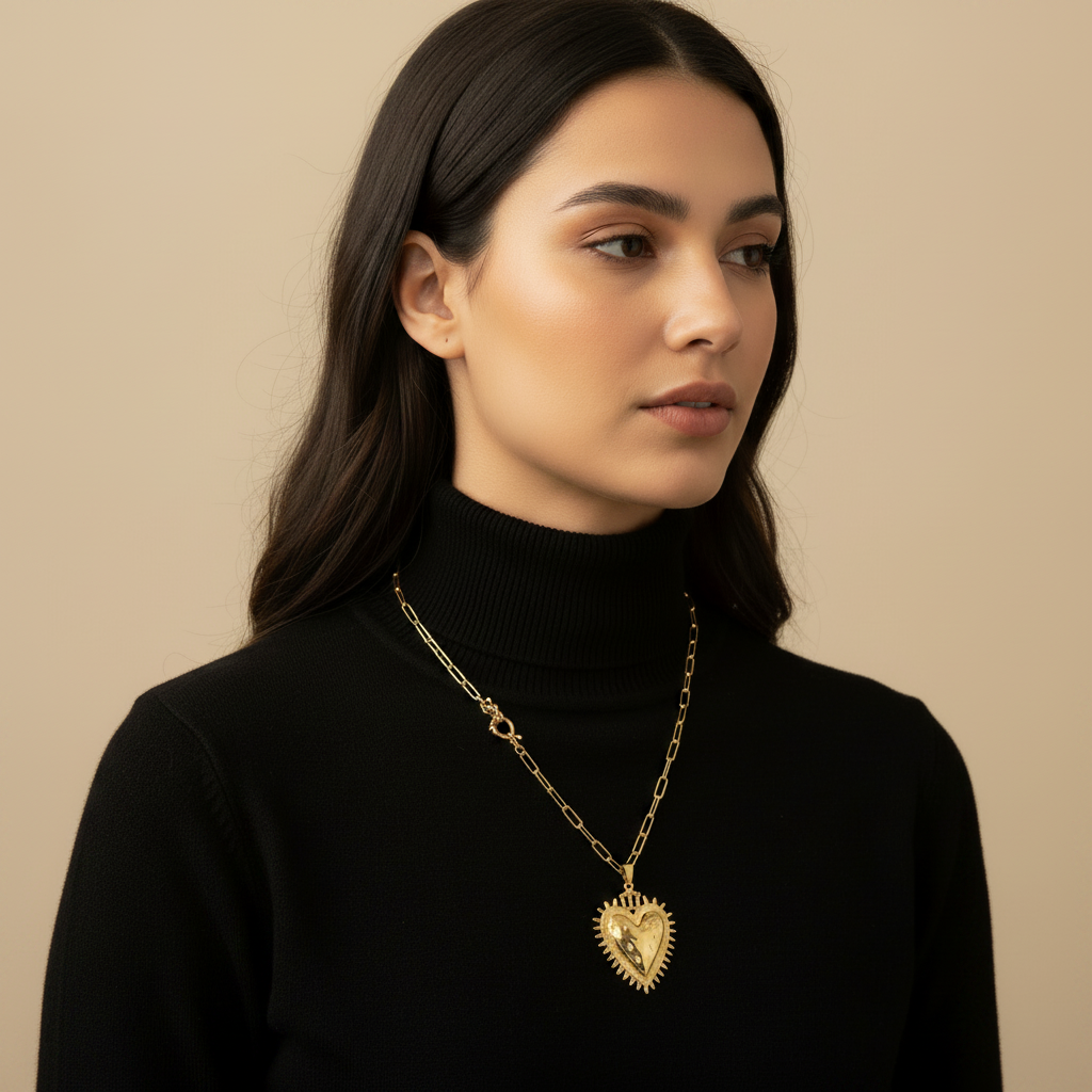 Collar Largo Bañado en Oro 18k Colgante Corazón Sagrado Grande Cadena Paperclip 60cm