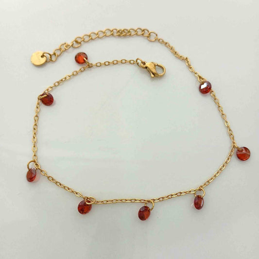 Tobillera Dorado Colgante 8 Cristales Rojo