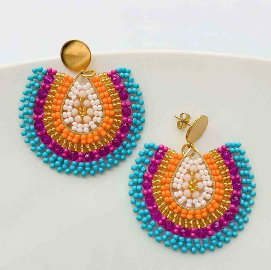 Aro Dorado Ovalo Cristal Fucsia Verde y Naranja Grande