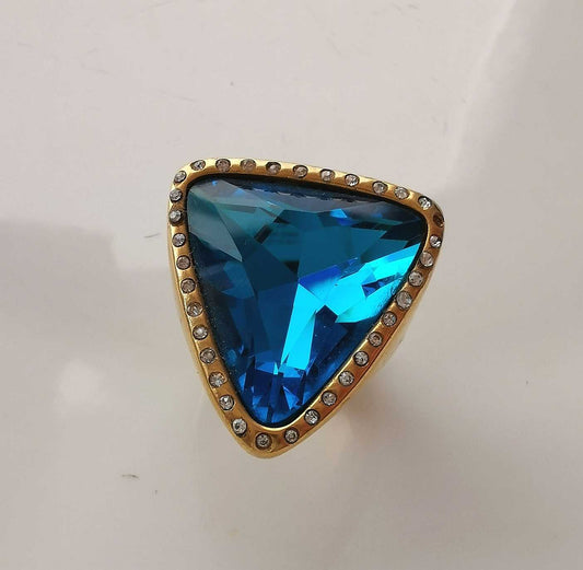 Anillo Acero inoxidable Dorado Crisral Azul Triangulo