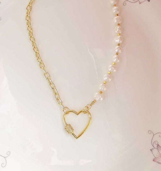 Collar Bañado Perla Media y Media Cadena Bloche Corazon
