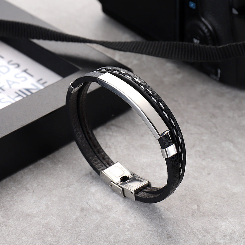 Pulsera Hombre Cuero Negro Medio Plateado