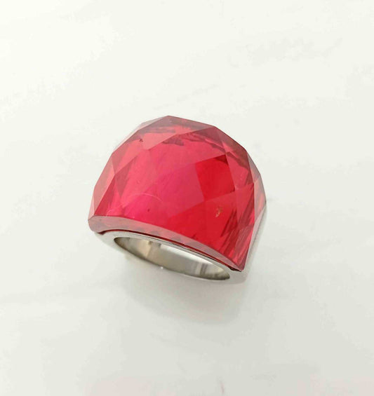 Anillo Acero inoxidable Plateado Cristal Facetado Rojo Claro