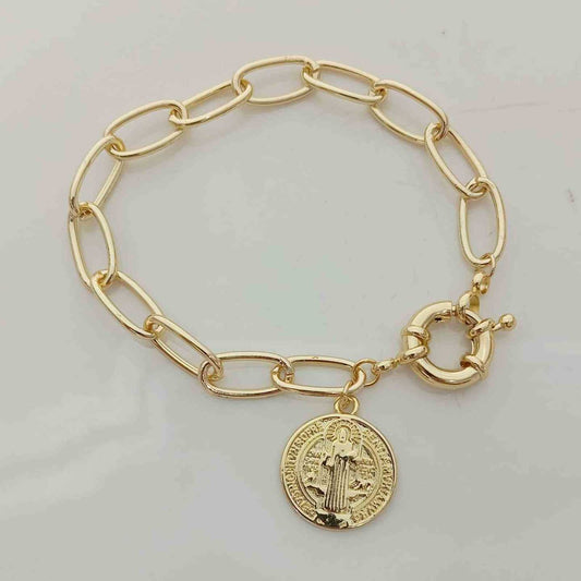 Pulsera Bañado en Oro 18k Eslabon Con San Benito