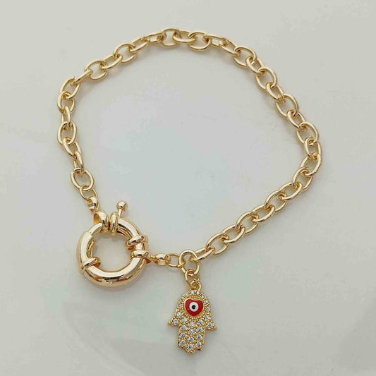 Pulsera Bañado en Oro Timon Eslabon Colgante Mano Fatima Circones