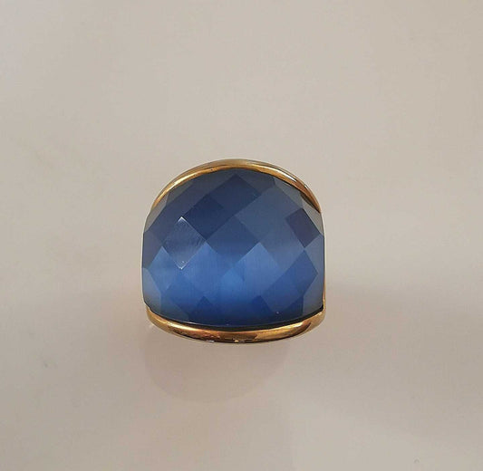 Anillo Acero inoxidable Dorado Ojo Gato Azul Facetado Borde