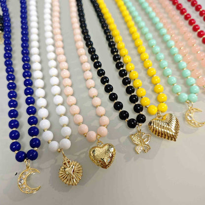 Collar Bañado en Oro 18k Cristales 8mm Multicolor con Colgante a Elección