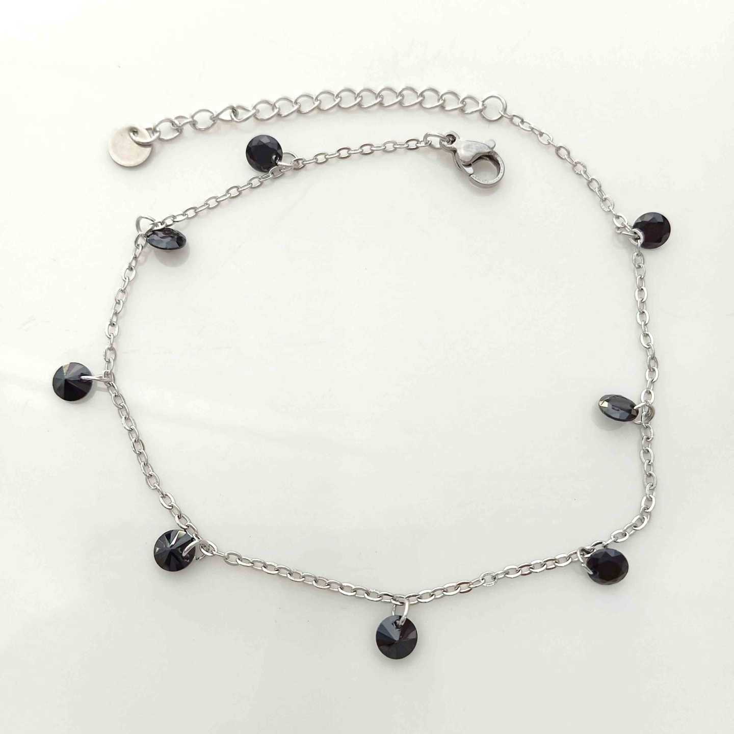 Tobillera Plateado Colgante 8 Cristales Negro