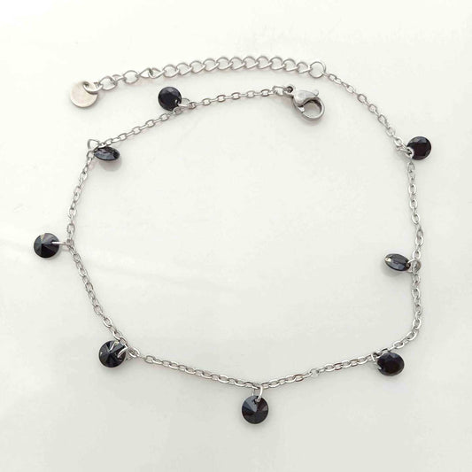 Tobillera Plateado Colgante 8 Cristales Negro