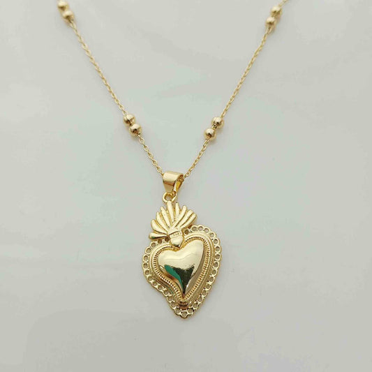 Collar Bañado Oro Cadena Pelotitas Colgante Corazon Détente