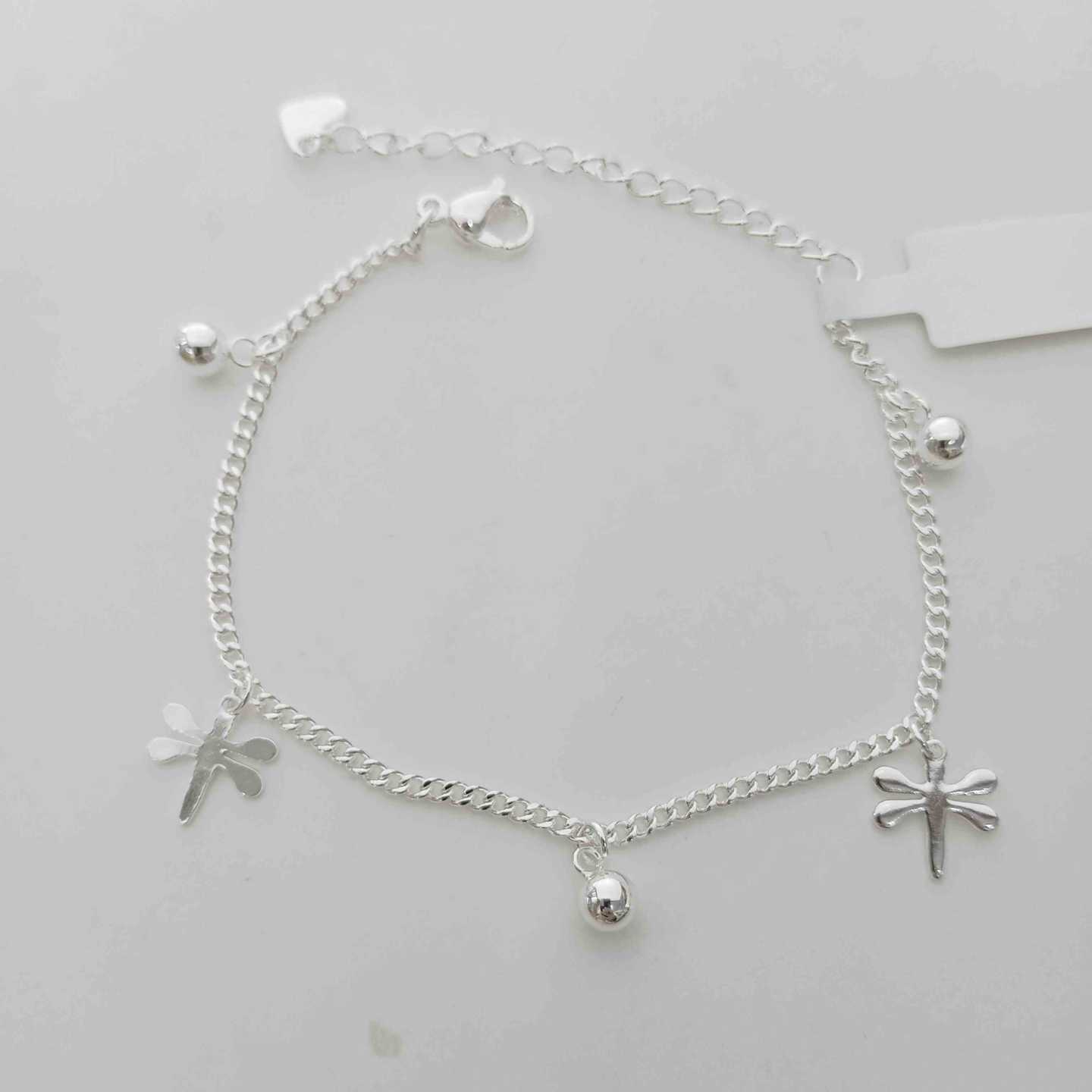 Pulsera Plateado Colgante 3 Pelotitas y 2 Lipelulas