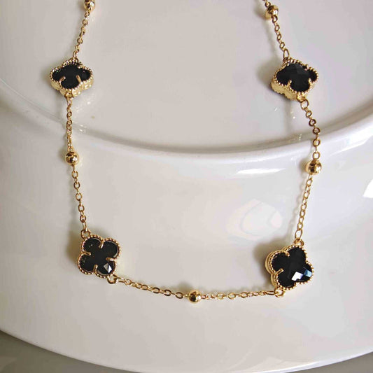 Collar Bañado En Oro Trebol Negro 45cm