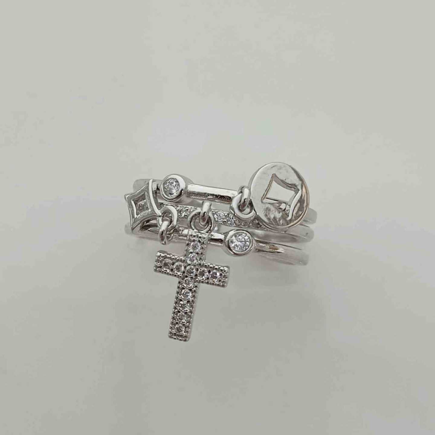 Anillo Bañado en Plata 3 Lineas Cuelgan Cruces Ajustable 