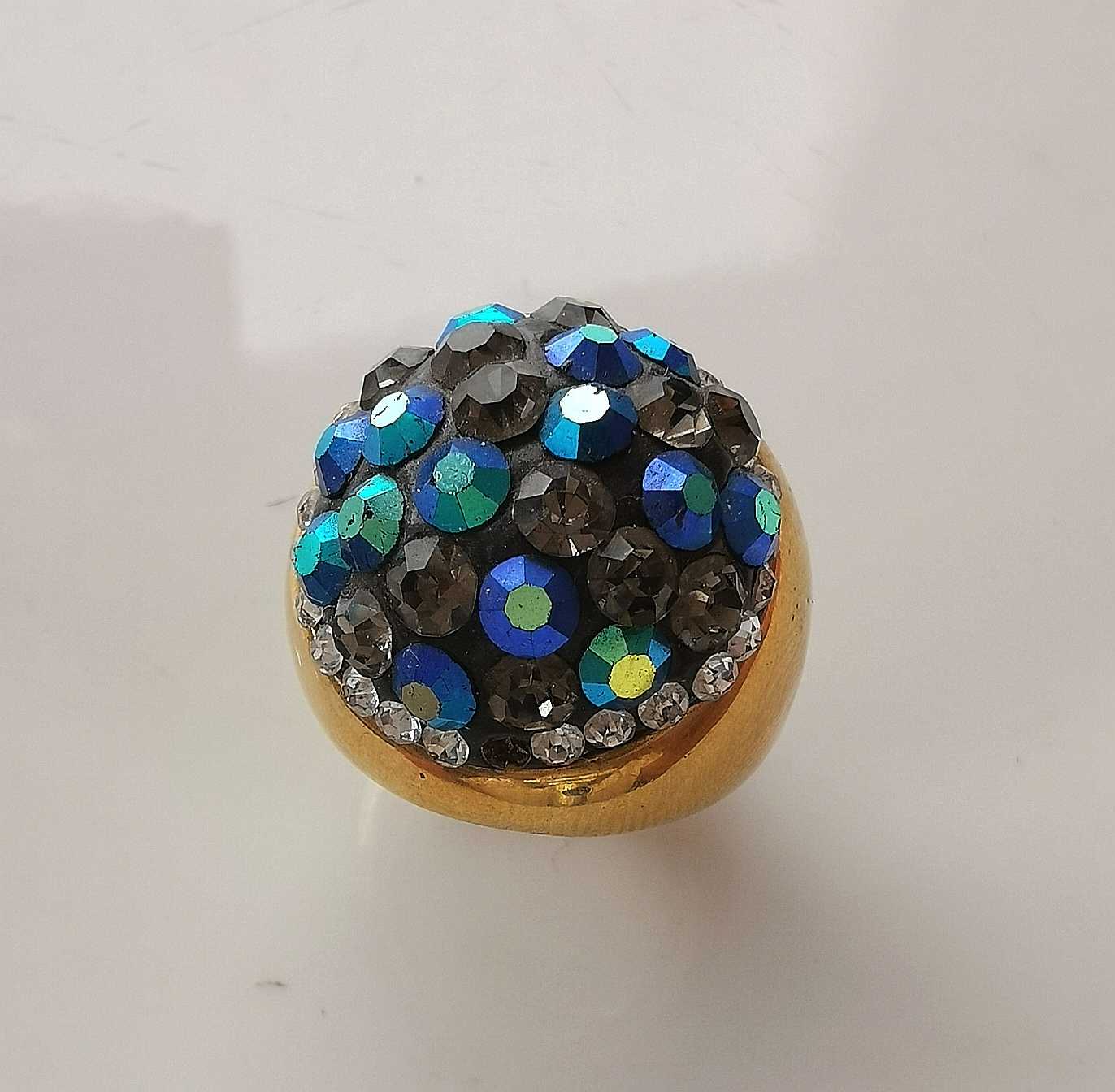 Anillo Acero inoxidable Dorado Redondo Cristal Azul Tornasol