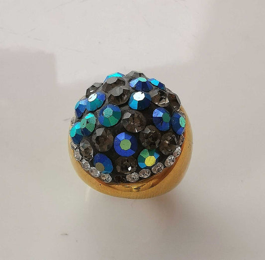 Anillo Acero inoxidable Dorado Redondo Cristal Azul Tornasol