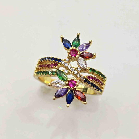 Anillo Bañado En Oro 2 Flores Circones Colores Ajustable 