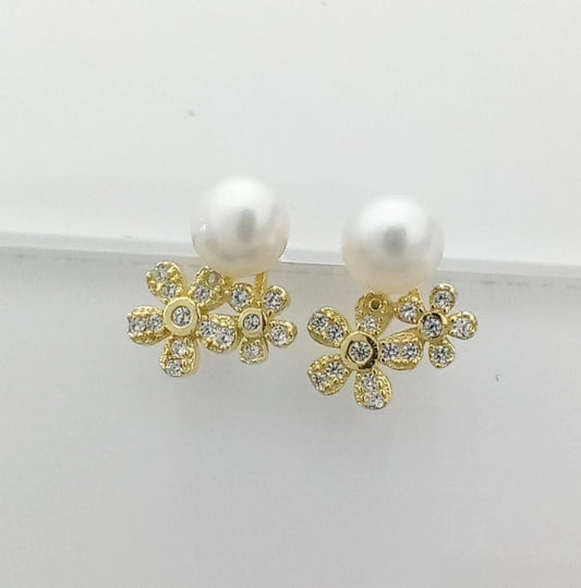 Aro Plata925 Bañado en Oro 18K Flores Circones y Perla Rio