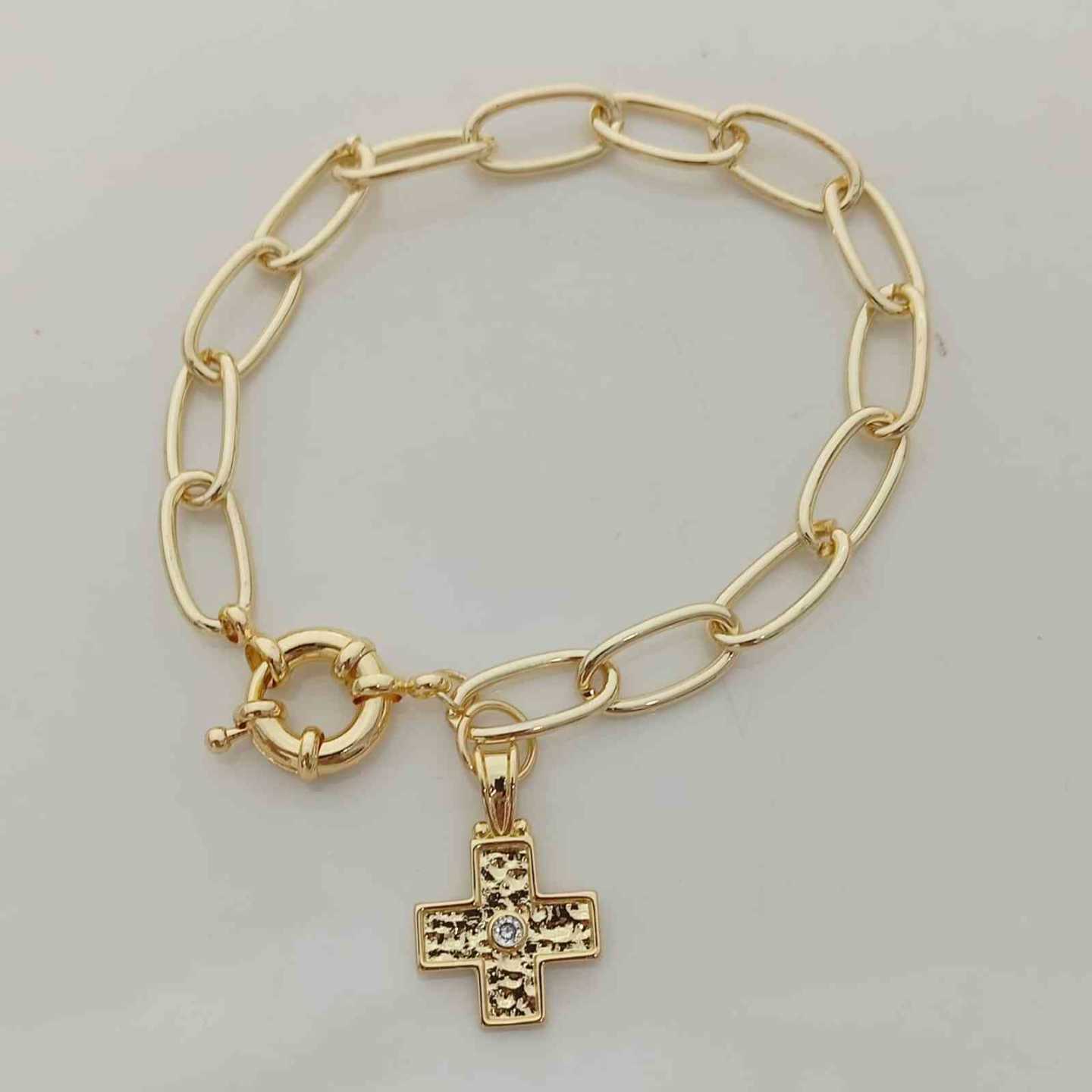 Pulsera Cobre Bañado Oro 18k Colgante Crus Grande