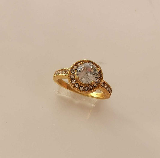 Anillo de Acero Quirurgico Dorado Solitario Redondo Circon Blanco