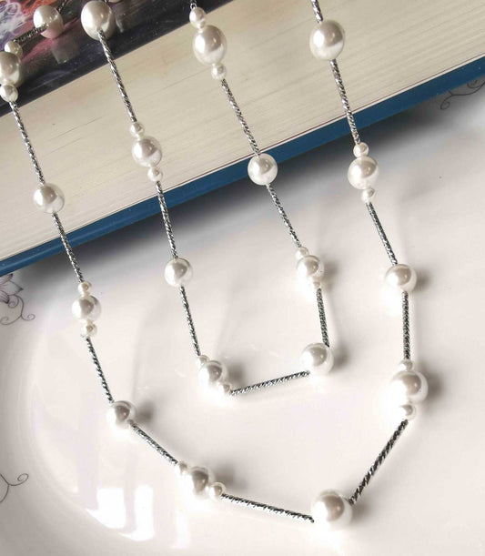 Collar Mallorca Blanco Largo C/Tubitos Plateado