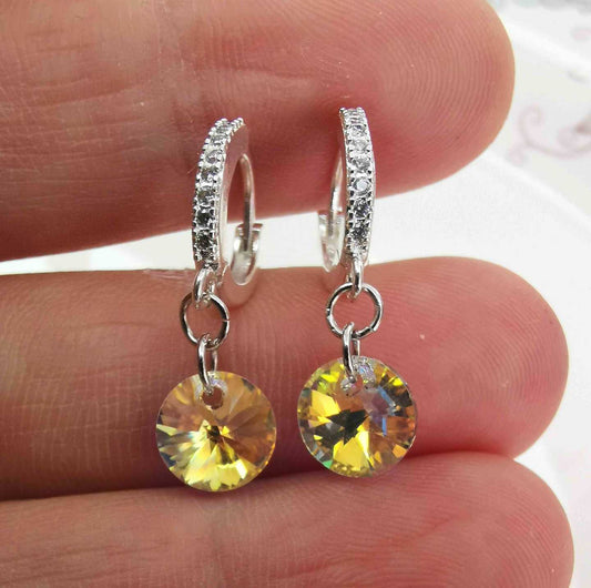 Aro Bañado en Oro y Bañado en Plata Argolla Circones 10mm Colgante Cristal Redondo