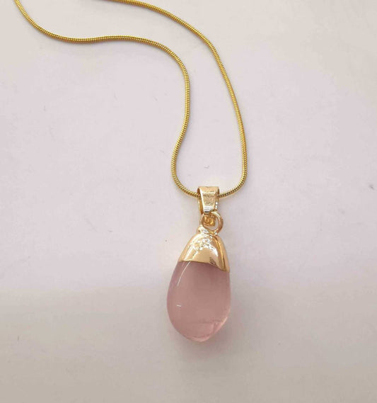Collar Dorado Colgante Piedra Cuarzo Rosado