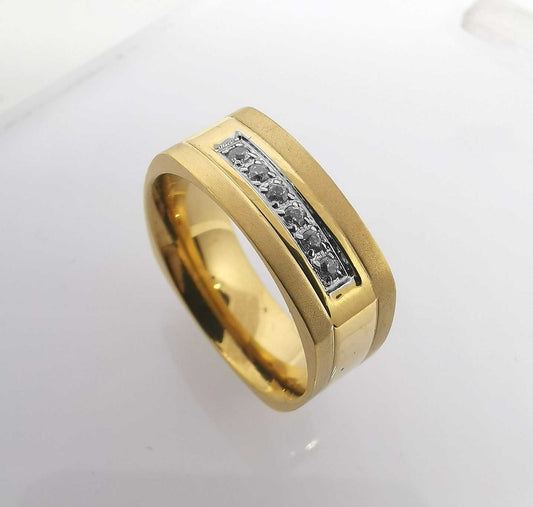 Anillo Acero inoxidable Dorado Cuadrado Arenado Diagonal y Circones