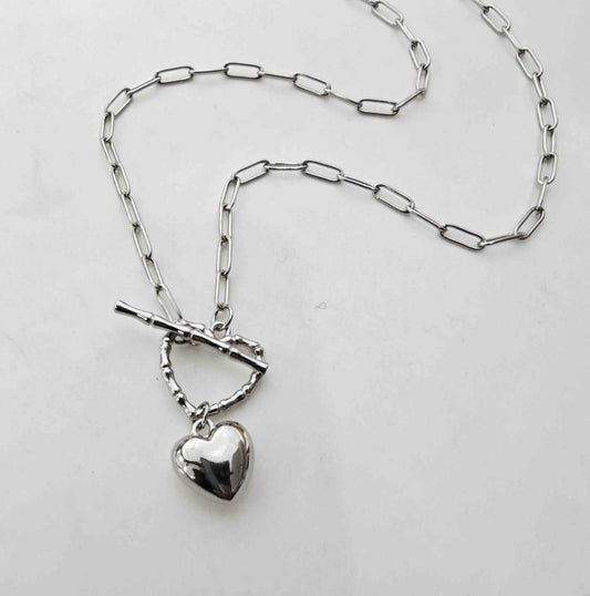 Collar Plateado Eslabon Rectángulo Colgante Corazon