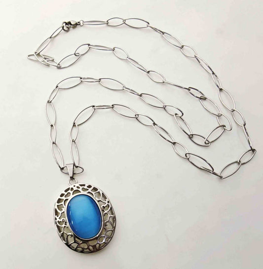 Collar Plateado Larga Colgante Piedra Azul 80cm