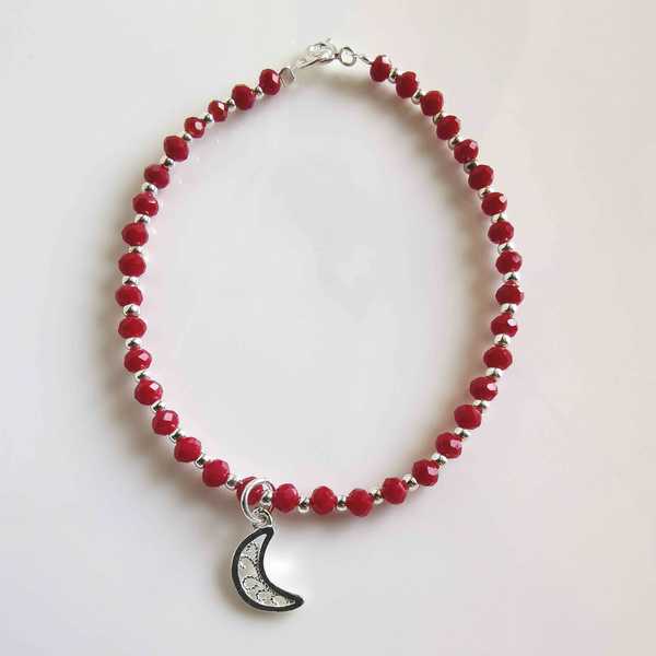 Pulsera Plata925 Pelotita Con Cristal Rojo Colgante Dijes de Plata925