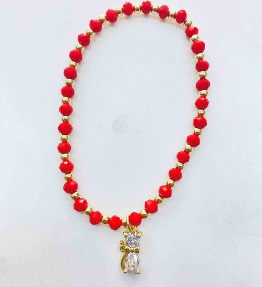 Pulsera Cristal Rojo y Pelotita Enchapado Colgante Varios Dijes